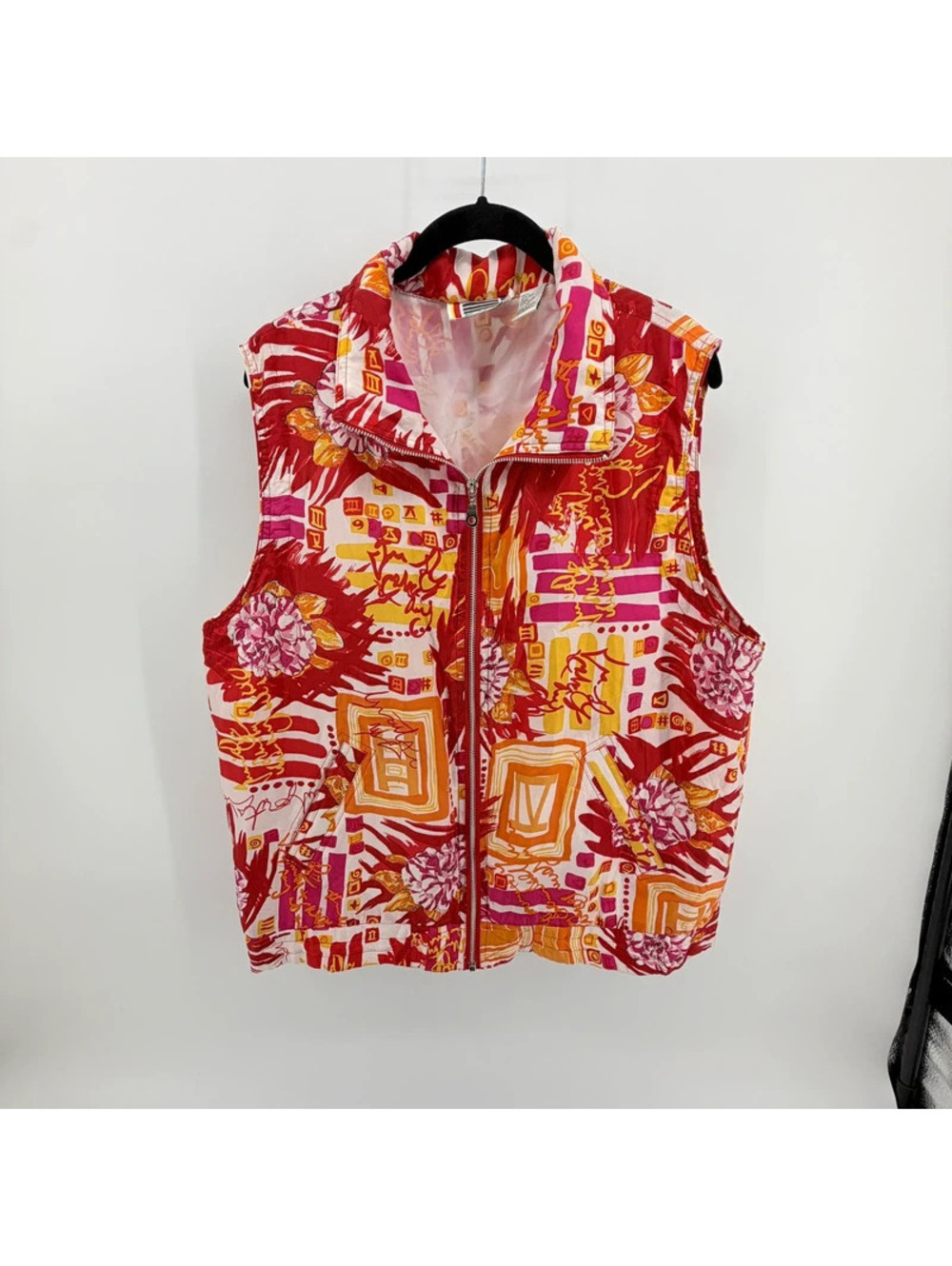 Vintage EVR Russo Apparel 100% Silk Vest Medium Colorful Abstract Floral Zip